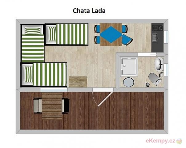 Camping Baldovec 3L chata LADA s vlastní kuchyňkou a sociálním zařízením