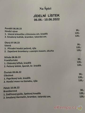 Autocamping a hotel Na Špici týdení menu